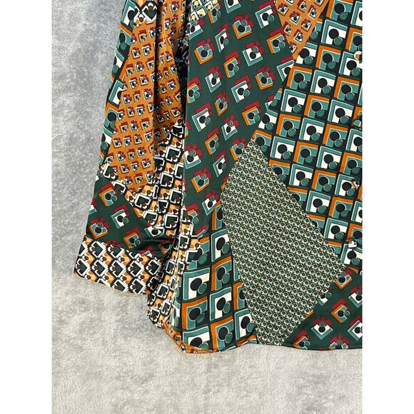 Rachel Roy Blouse XL Green Patchwork Satin Retro Preppy Office NWT - Picture 3 of 6